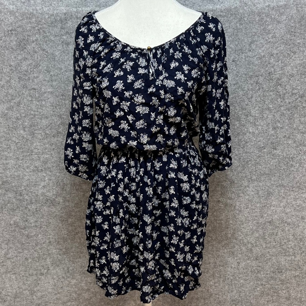 Oboe Blue Floral Rayon Mini Dress Elastic Waist Cottagecore Sun Spring Medium